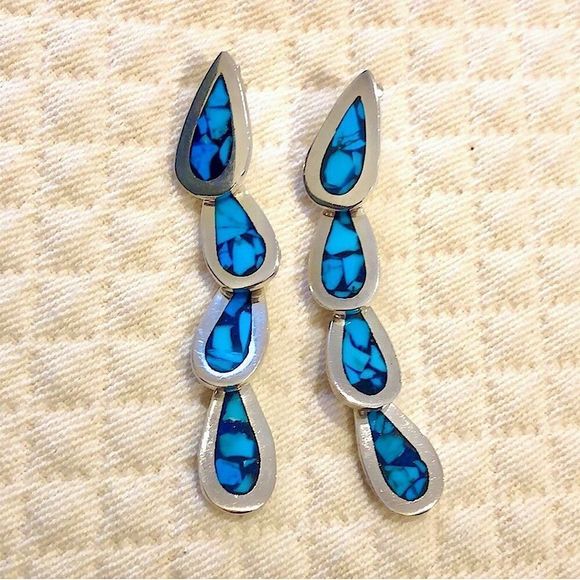 TAXCO Crushed Blue Turquoise Inlay Linear Drop Dangle Sterling Silver Earrings - Picture 1 of 7